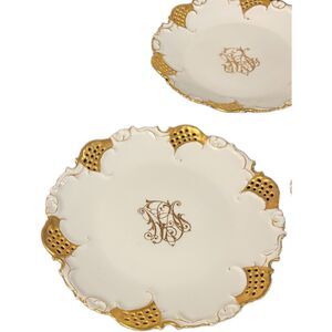 Antique Vienna Austria Reticulated Gold Gilt Monogram Dessert Plates Set 3